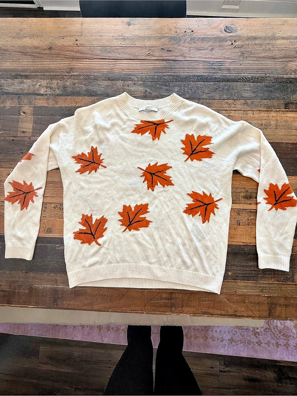 LOFT Leaf Print autumnal/fall Crewneck Sweater in Cream Size Medium